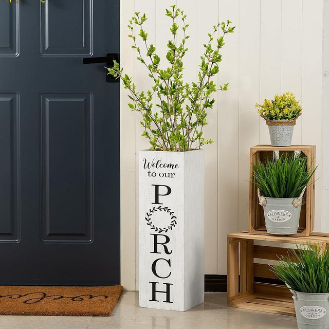 Glitzhome 24"H Wooden Welcome Sign, Rustic Farmhouse Double-Sided Box-Shaped "WELCOME PORCH" Sign, Outdoor Front Door and Courtyard Decoration（White）