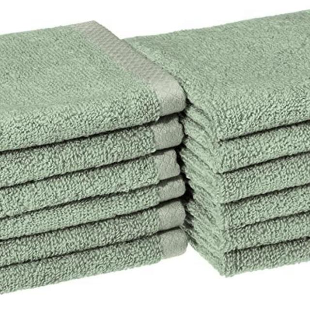 AmazonBasics Quick-Dry, Luxurious, Soft, 100% Cotton Towels, Seafoam Green - Set of 12 Washcloths