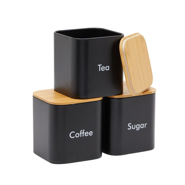 Juvale Coffee Tea Sugar Container Set - Black Stainless Steel Kitchen Canister Set with Bamboo Lids