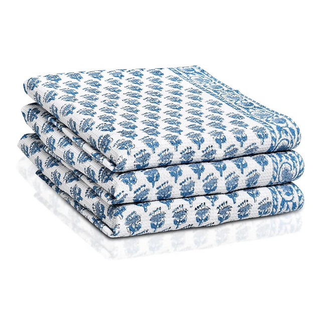 CPC Apatite Blue Hand Block Print Waffle Kitchen Towel Set of 3-16 x28 Ultra Absorbent Quick Dry Microfiber Dish Towels Lightweight Reusable Sustainable Tea Towels for Cleaning and Drying