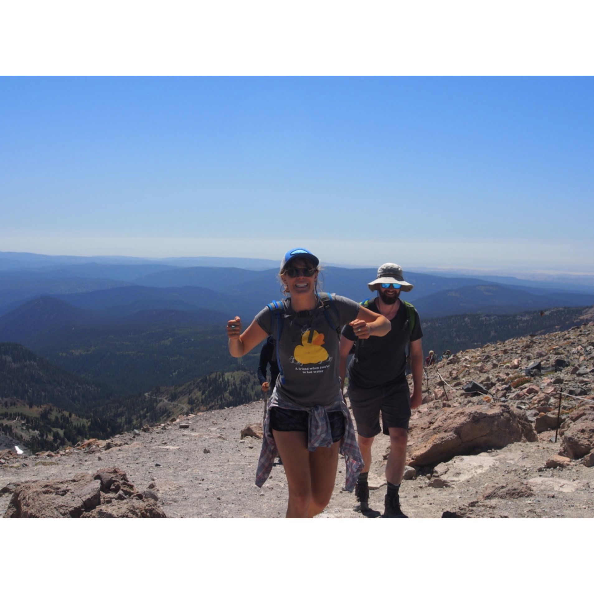 Hiking to the top of Mount Lassen. Nimbus carrying a surprise engagement ring. Rachel pretending she's not afraid of heights.