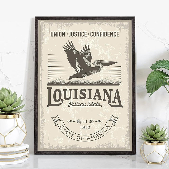 Louisiana State Emblem and Symbol Poster Print - Retro Travel Wall Art for Home and Office - 12x18 Inches