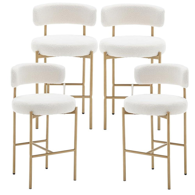 Canxkun Gold Boucle Bar Stools Set of 4, 26" Modern Counter Stools with Backs, White Upholstered Barstools for Kitchen Island, Bar, Cafe