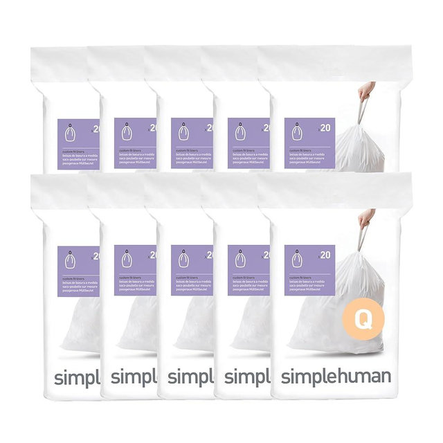 simplehuman Code Q 200 Count, Genuine Custom Fit Liners, Drawstring Trash Bags in Dispenser Packs, 50-65 Liter / 13-17 Gallon, White