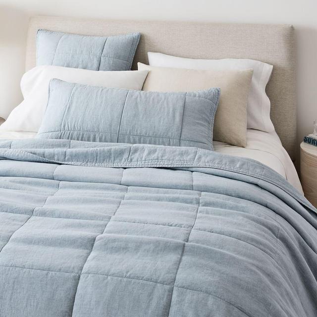 European Flax Linen Box Stitch Quilt, Full/Queen, Silver Mist Melange