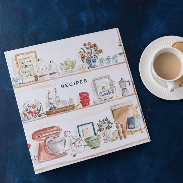 Recipe Binder - Blue Kitchen Shelves Watercolor - 3-Ring 2-inch Binder for Recipe Storage and Organization - Add Optional Tab Dividers