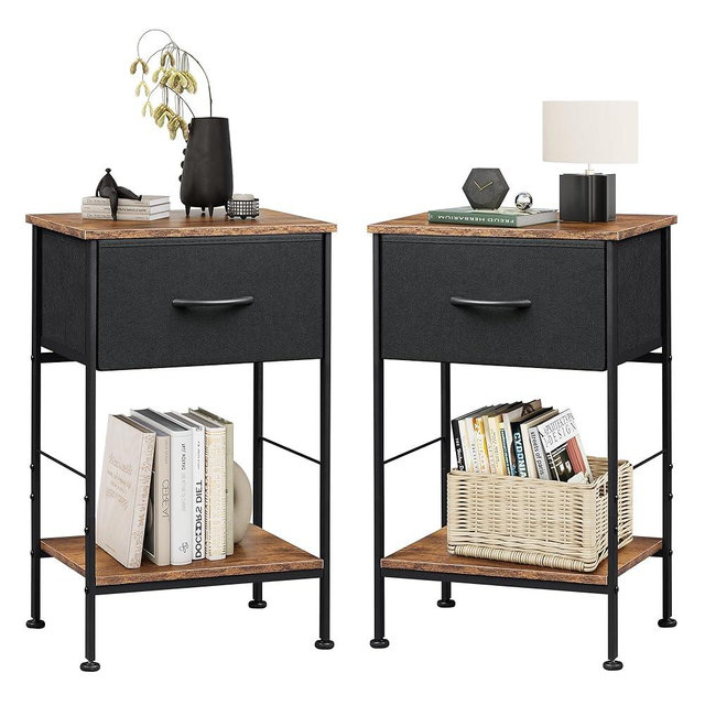WLIVE Nightstand Set of 2, End Table with Fabric Storage Drawer and Open Wood Shelf, Bedside Furniture with Steel Frame, Side Table for Bedroom, Dorm, Black and Rustic Brown, 25" Height