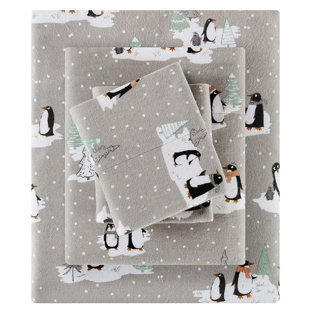 True North by Sleep Philosophy Cozy Flannel 100% Cotton Ultra Soft Cold Weather Sheet Set Bedding, Grey Penguins, King
