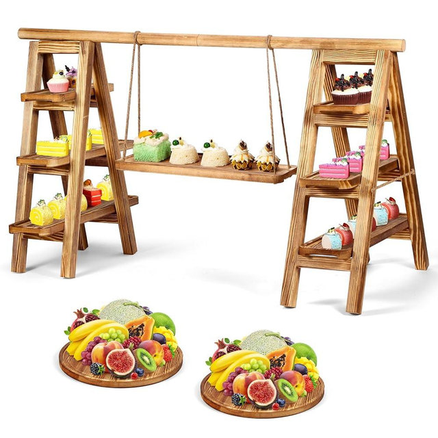 3 Tier Wooden Cupcake Stand, Wooden Serving Tray Set Cake Swing Stand with 2 Pcs Round Tray, Food Display Stand for Cake Snack Bread, Desert Table Display Set for Party, Baby Shower, Wedding, Large