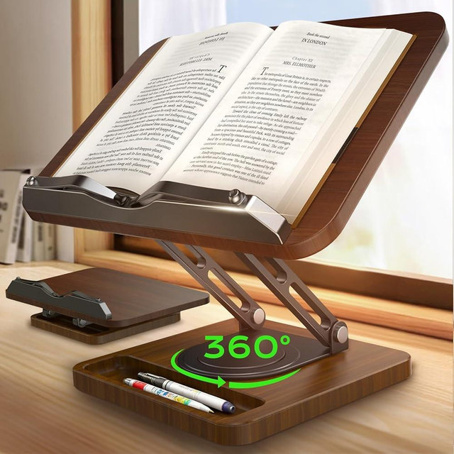 Book Stand for Reading, Adjustable Book Holder, 360° Rotating Bases with Pen Slot, Ergonomic Cookbook Stand Recipe Book Holder with Elastic Page Clips for Magazines, Tablets, Laptops