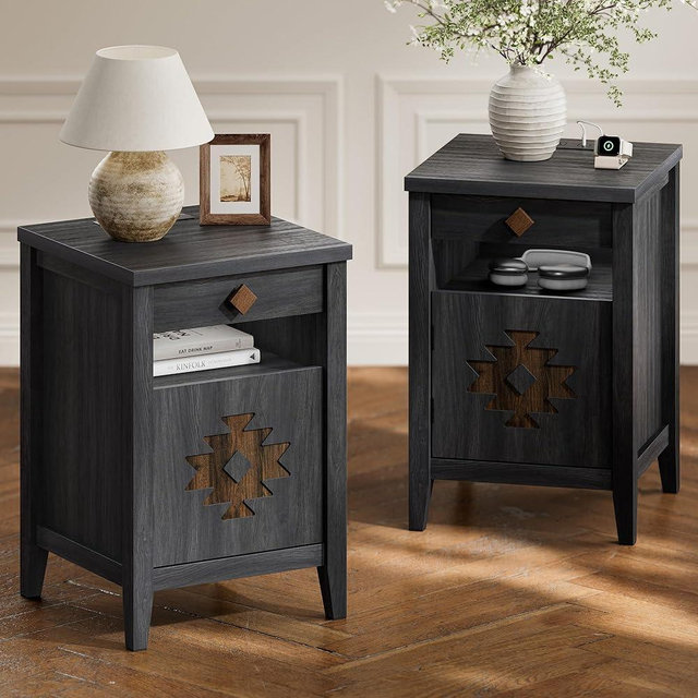 Nightstands Set of 2 with Charging Station and Drawers for Small Space,Wood Nightstand with Storage Cabinet & Drawer & Shelf, Modern and Farmhouse Night Stand for Bedroom,Black
