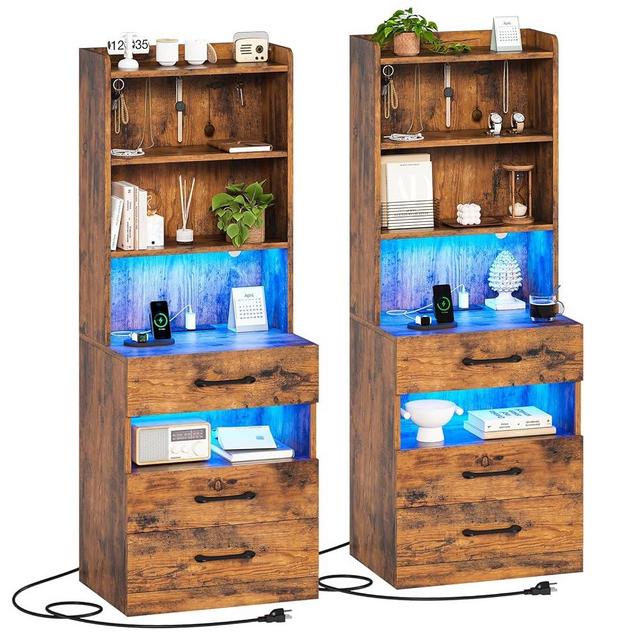AOGLLATI Tall Night Stand Set of 2, Nightstand with Charging Station and LED Lights, Rustic Brown Bedside Table with Bookshelf, 3 Drawers and Open Shelves, Modern End Side Table for Bedroom