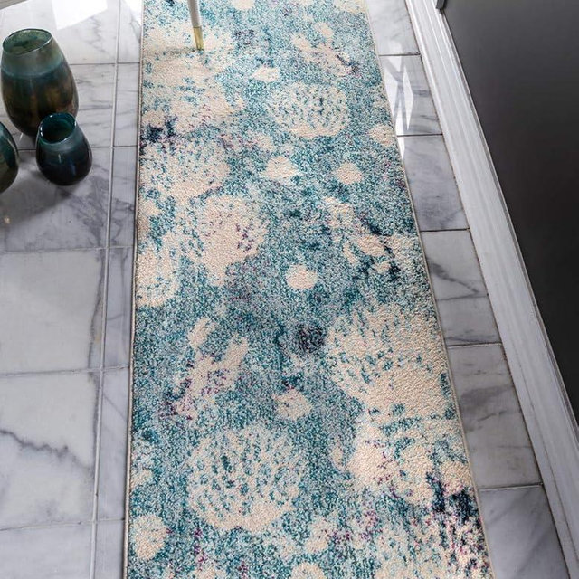 Unique Loom Positano Collection Coastal Modern Coral Lobster Shells Light Blue Runner Rug (3' x 10')