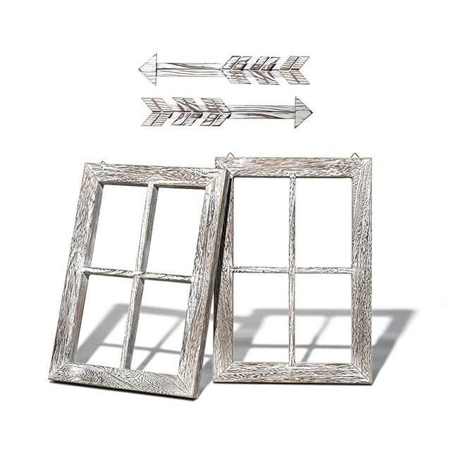 TIMEYARD Farmhouse Wall Decor Window Frame, Wood Window Pane with Arrows Decor, Fake Window Rustic Wall Art for Entryways, Living Room, Dining Room, Bedroom, 11X15.8 Inches, Rustic White, 2set