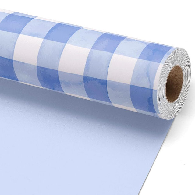 LaRibbons Blue Gingham Wrapping Paper Roll,Baby Boy Shower Gift Wrap for Mom-to-Be, Newborn & Birthday, Premium Cute Blue Checked Gift Paper, 17 Inch x 33 Feet