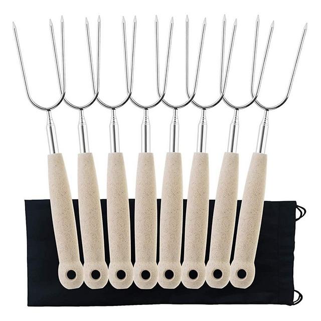 Premium Marshmallow Roasting Sticks Set of 8 BBQ Stainless Telescoping Smores Skewers & Hot Dog Fork 29 Inch Rotating Extending Patio Fire Pit Camping Cookware Campfire Cooking Barbecue Forks