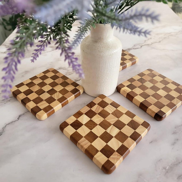 Checkered Coaster Set. Handmade Wooden Check Pattern Coffee Table Coasters, Bar coasters. Housewarming Gift, Gift for Dad, Corporate Gift. (Not Engraved)