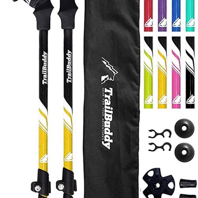 TrailBuddy Trekking Poles - 2-pc Pack Adjustable Hiking or Walking Sticks - Strong, Lightweight Aluminum 7075 - Quick Adjust Flip-Lock - Cork Grip, Padded Strap