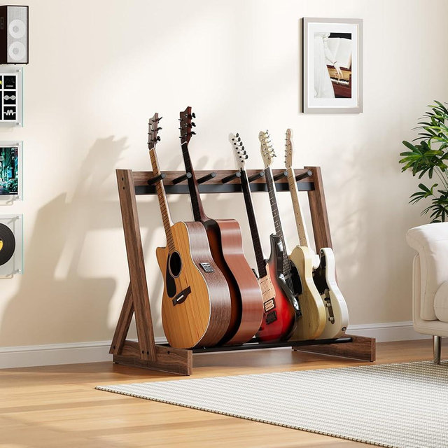 MAHANCRIS Guitar Stand, Hardwood Guitar Rack for Multiple Instruments, Multi-Guitar Storage for 3 Acoustic, 5-6 Electric or Bass, Wooden Floor Acoustic Stand, Instrument Rack Holder, for Home Music Studio, Walnut and Black GSHA7501