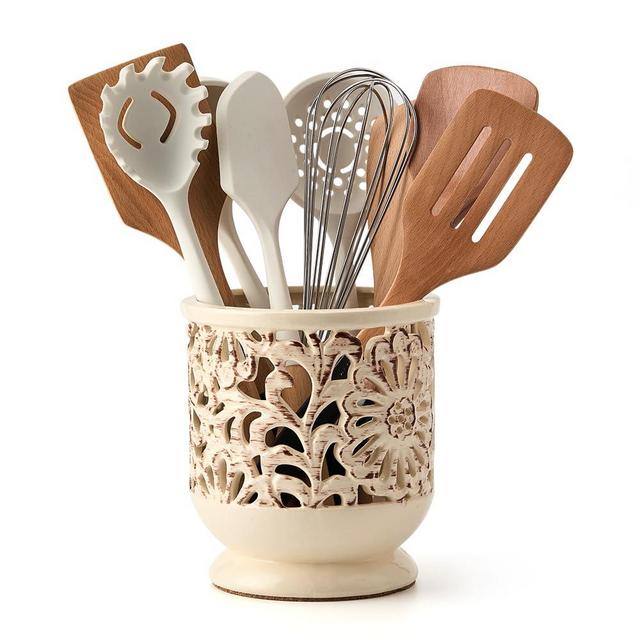 JH JIEMEI HOME Farmhouse Kitchen Utensil Holder for Countertop, Ceramic Large Cooking Utensil Crock with Cork Mat, Decorative Rustic Utensil Holder for Kitchen Counter, Hollow Carving Flower, Beige