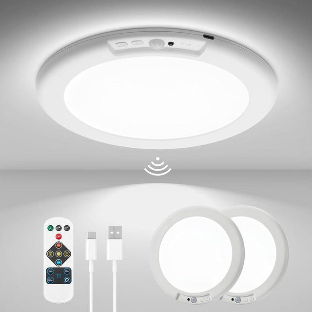 wowatt 2Pcs Battery Operated Ceiling Lights Rechargeable Motion Sensor Light Indoor Wireless Shower Light with Remote 3000K 4500K 6500K 7.48in Dimmable Timing Motion Activated Lamp for Closet Shower
