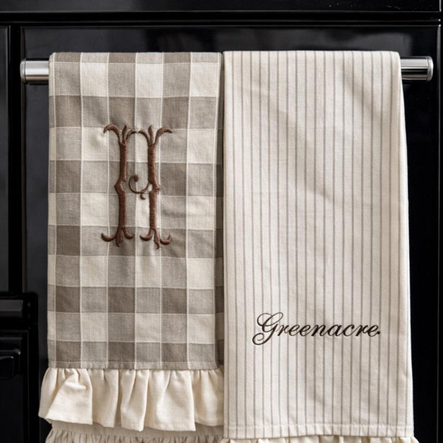 Custom Luxury Personalised Embroidered 100% Cotton Ruffle Kitchen Tea Towels | Monograms, Names and Icons