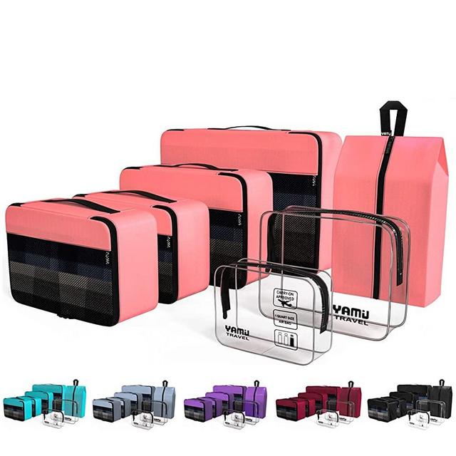 YAMIU Packing Cubes 7-Pcs Travel Organizer Accessories with Shoe Bag and 2 Toiletry Bags(Pink)