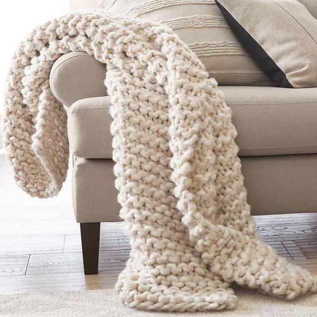 Chunky Hand-Knit Throw, 44 x 56", Neutral