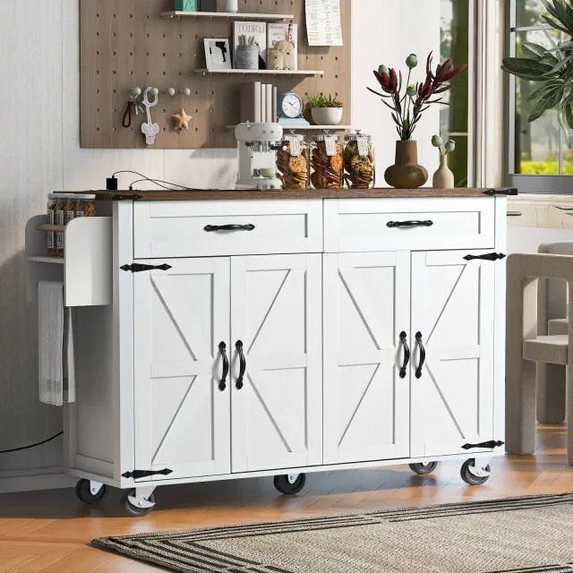 54"W Rolling Kitchen Island Kitchen Storage Cart on Universal Wheels with Drop Leaf, Power Outlet, Spice Rack, Drawers and Cabinets, White-ModernLuxe