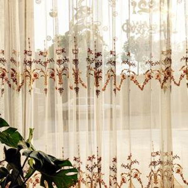 Floral Embroidered Sheer Gauze Curtains- 2 panels,each 60 inches, 72 inches