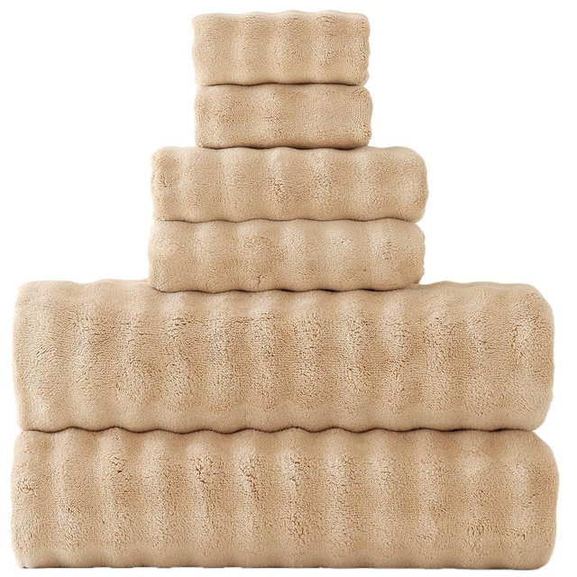 FITFINE Large Bath Towels Set 30x60 Inches Super Soft Absorbent Microfiber Shower Towels for Bathroom Quickly Drying (Beige, Towels Set-PK 6)