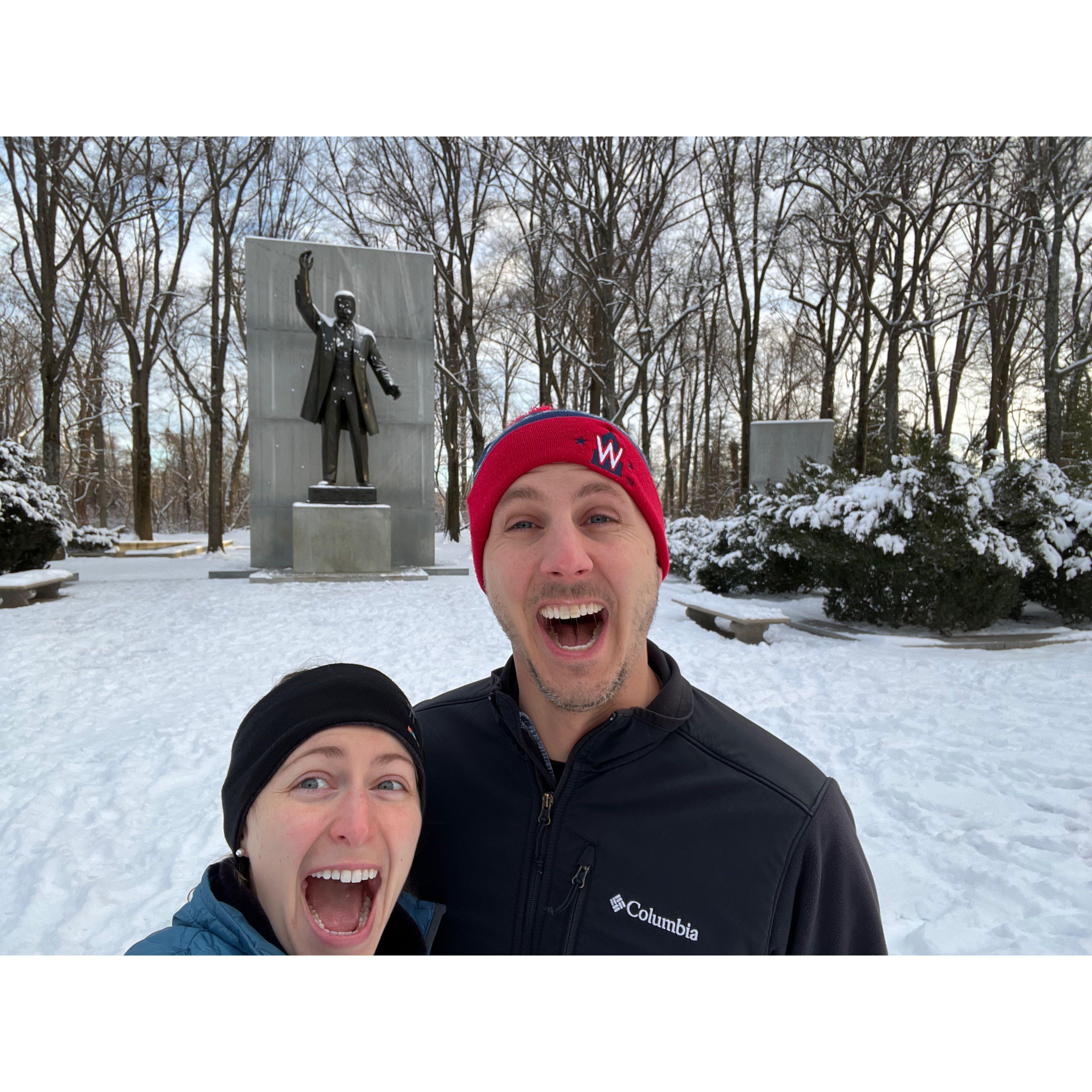 Visiting Teddy Roosevelt before Saturday's snowy I Run, You Run event.