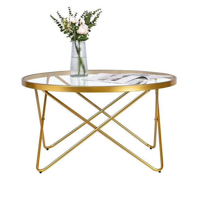 KithKasa Mid Century Modern Round Clear Glass and Gold Coffee Table with Metal Frame Central Table for Living Room Recepetion Room