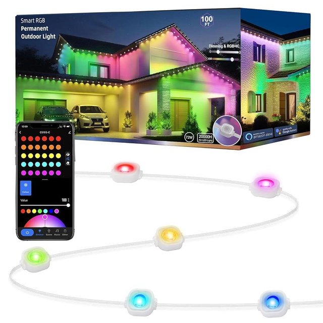 Rosykite Permanent Outdoor Christmas Lights for House Roof, Year Round 100ft RGB+IC Outdoor Lights with 63 Scene,IP67 72 LED Eaves Lights for Holiday, Christmas, Daily Lighting, Smart Life APP Control