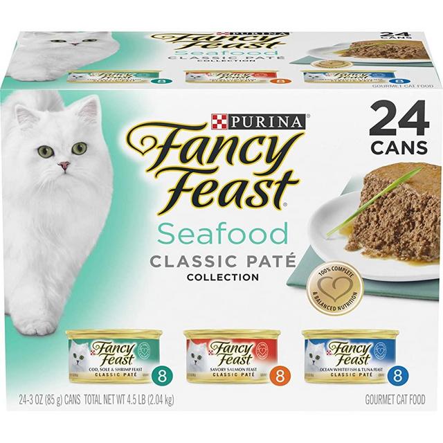 Purina Fancy Feast Grain Free Pate Wet Cat Food Variety Pack, Seafood Classic Pate Collection - 3 oz. Cans, 24 Count (Pack of 1)