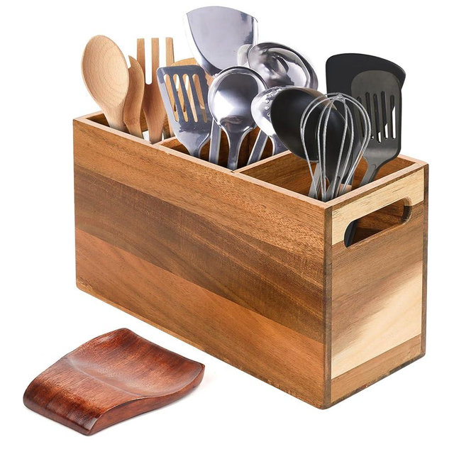 Relaxing Garden Wooden Utensil Holder for Kitchen Counter with Spoon Rest - Acacia Wood Utensil Organizer for Countertop, Rustic Wood Utensil Holder for Kitchen Storage