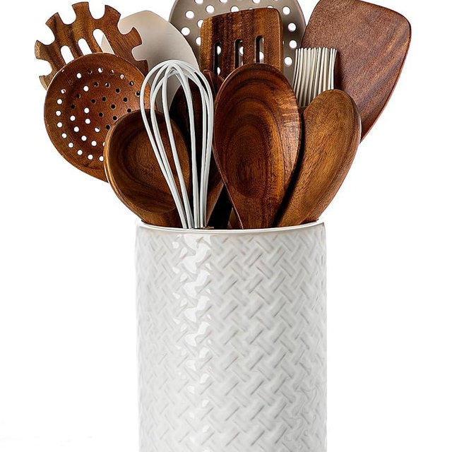 Nucookery 6.4'' Utensil Holder - Ceramic Utensil Holder for Kitchen Counter, Large Capacity Countertop Storage, Farmhouse Style Utensil Crock Organizer for Spoons, Spatulas & Cooking Tools