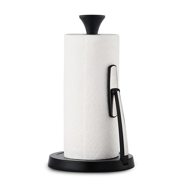 Dailyart Paper Towel Holder for One Hand Tear - Kitchen Paper Towel Holder Countertop with Tension Arm & Non Slip Weighted Base, Stainless Steel Paper Towel Holder Stand for Kitchen Bathroom, Black