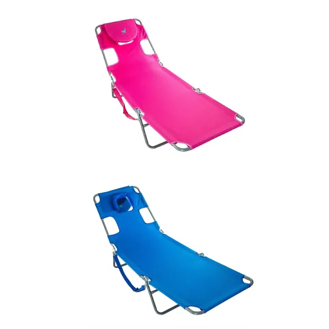Ostrich Chaise Lounge Lightweight Portable Folding Rust Resistant Quick Dry Sunbathing Poolside Beach Chair with Carrying Strap & Pillow, Pink & Blue