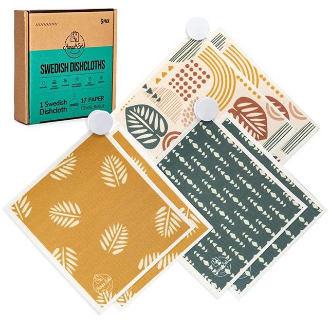 Harps&Seb Reusable Swedish Dishcloths for Kitchen – Super Absorbent Washable Swedish Dish Towels with Convenient Hanging Clips – Odorless Non Scratch Cellulose & Cotton Dish Cloth Set – 6 Pack