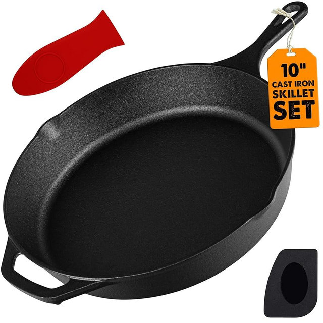 MeJOY 10 Inch Cast Iron Skillet, Heavy-Duty Cast Iron Pan Set With Handle Cover & Scraper, Pre-Seasoned Saute Fry Oven Safe Cookware For Home & Outdoor Cooking & Frying On Stove, Grill & Campfire