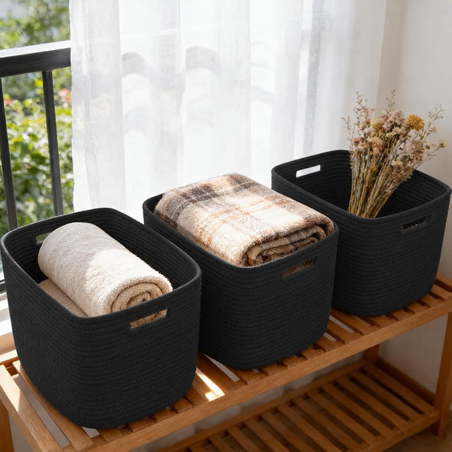 HZFTJOY 3 Pack Woven Rope Storage Baskets for Organizing,13.5"×11"×9.5" Storage Bins for Shelves,Perfect for Toys,Books,Towels,Clothes,Empty Gift Baskets for Nursery,Living Room&Bedroom(Black)
