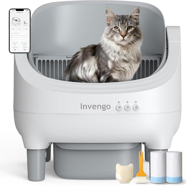 Invengo Automatic Cat Litter Box Self Cleaning, App Control, Open-Top Automatic Litter Box with Safety Sensors, Ultra-Quiet, 10.5L Waste Bin with Odor Control, 2 Rolls of Garbage Bags, Grey White