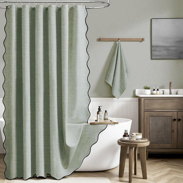 BTTN Extra Long Shower Curtain, 90 Inch Boho Scalloped Linen Textured Thick Fabric Shower Curtain Set with 12 Hooks, Large Neutral Vintage Waterproof Shower Curtains for Bathroom, 72x90, Sage Green