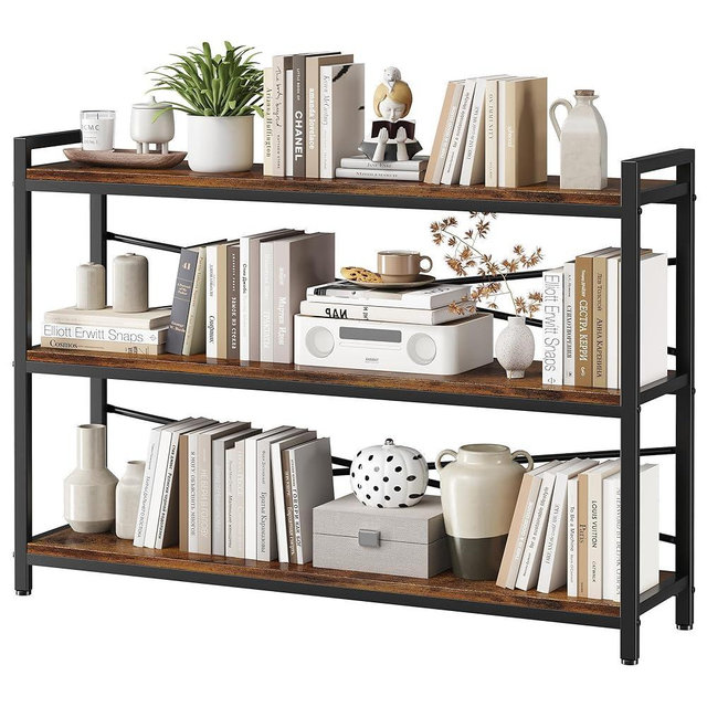 3 Tier Bookshelf 47.24" Width, Wood and Metal Etagere Bookcase, Vintage Farmhouse Modern Wooden Large Book Shelf for Home Living Room Bedroom Office Storage(Rustic Brown)