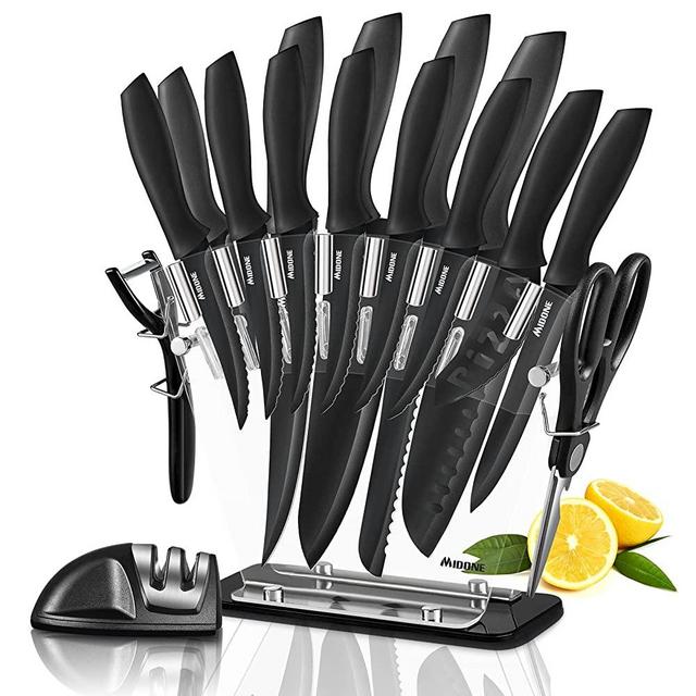 Knife Set, MIDONE 17 Piece Kitchen Knife Set, 13 Stainless Steel knives, Acrylic Stand, Scissors, Peeler and Knife Sharpener