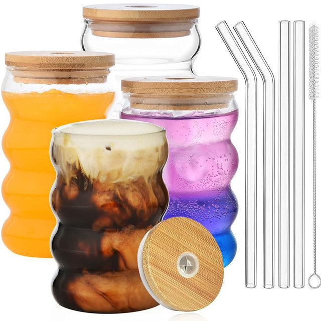 ALINK 16 oz Drinking Glasses with Lids and Straws Set of 4, 16 oz Wave Shape Bubble Glass Cups, Iced Coffee Glasses for Beer, Cocktail, Water Cups with Brush