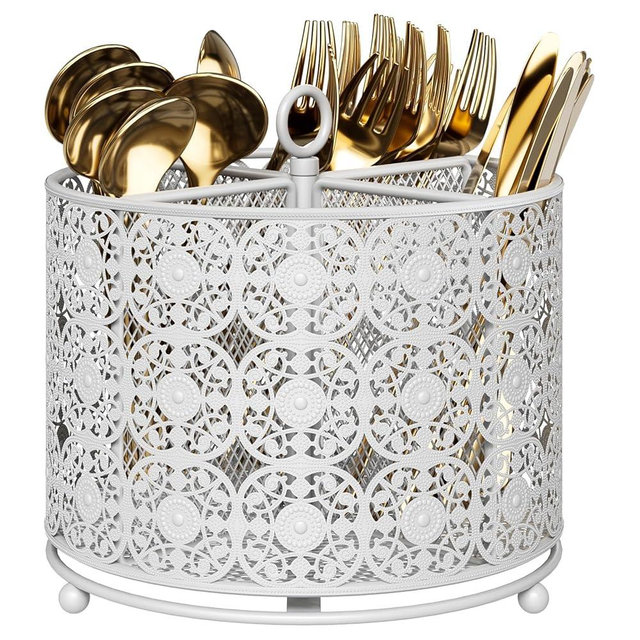YIUKEA Rotating Utensil Caddy Holder - Higher Raised Cutlery Caddy Countertop - Metal Silverware Caddy Organizer with 4 Compartment for Kitchen Counter Party Office white