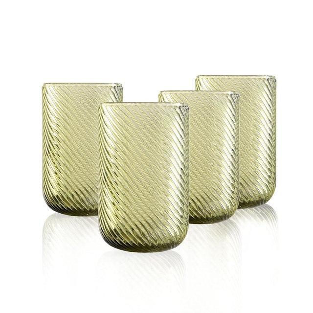 HomeVogue 4-Pcs Ribbed Drinking Glasses Sets - 15 oz Vintage Glassware Cocktail Glass, Vintage Fluted Green Water Tumbler for Beer, Whiskey, Juice and Various Mixed Drinks (Green)