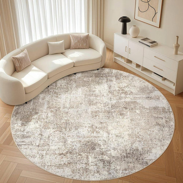 7ft Round Rug Living Room Rugs: 7x7 Washable Circle Large Abstract Modern Soft Stain Resistant Non-Slip Indoor Floor Carpet for Bedroom Nursery Office Dining Room Playroom Home House- Beige Brown